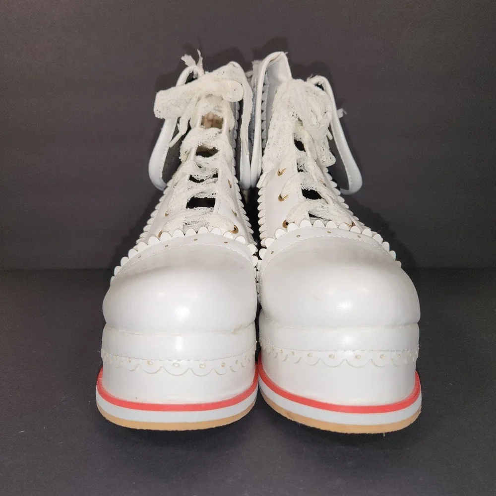 HILIB Platform Ankle Boots Womens White Black Lace Bow Kawaii Lolita Goth Shoes